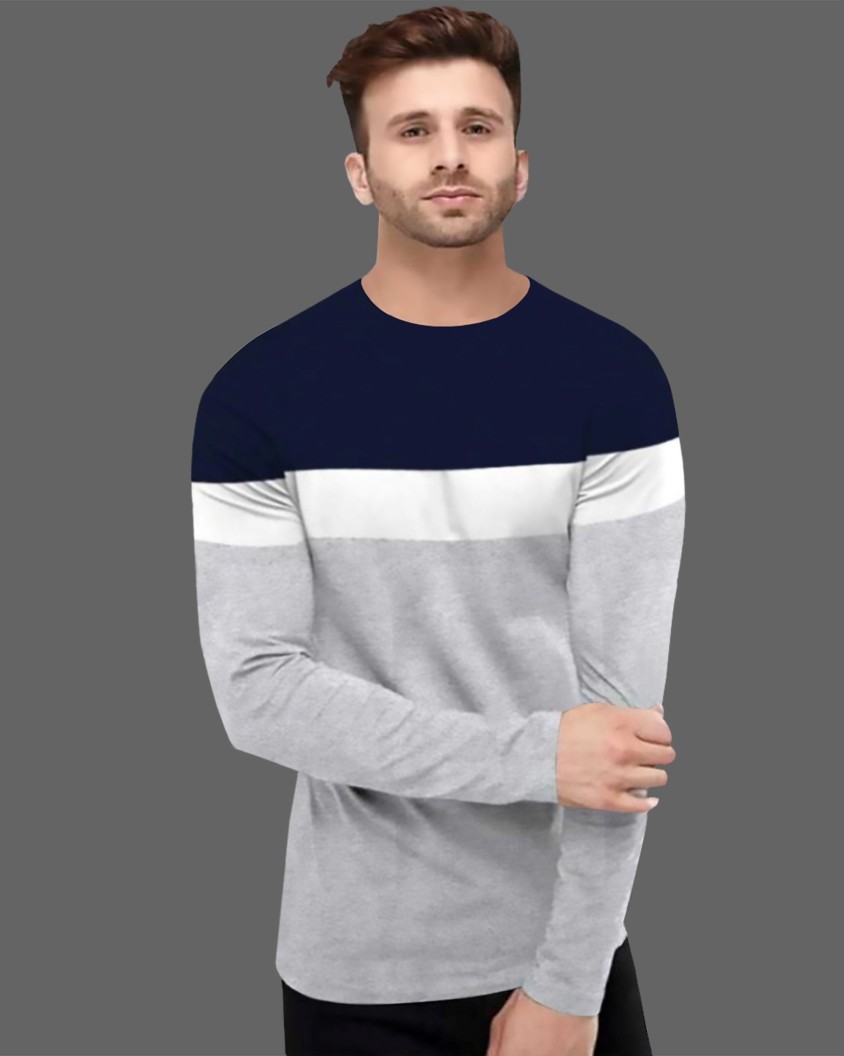 Solid Men Round Neck Blue, Grey T-Shirt