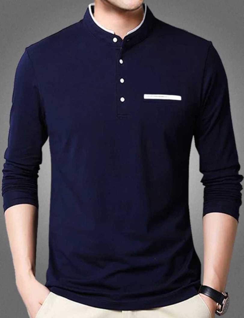Solid Men Mandarin Collar White, Blue T-Shirt