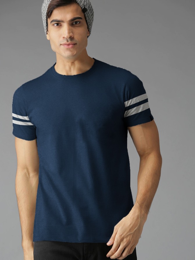 Striped Men Round Neck Reversible Dark Blue, Grey, Grey T-Shirt