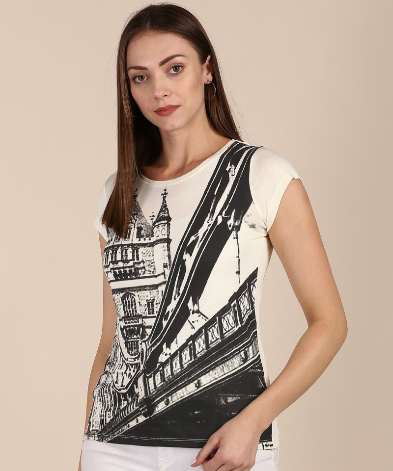 Printed Women Round Neck Beige T-Shirt