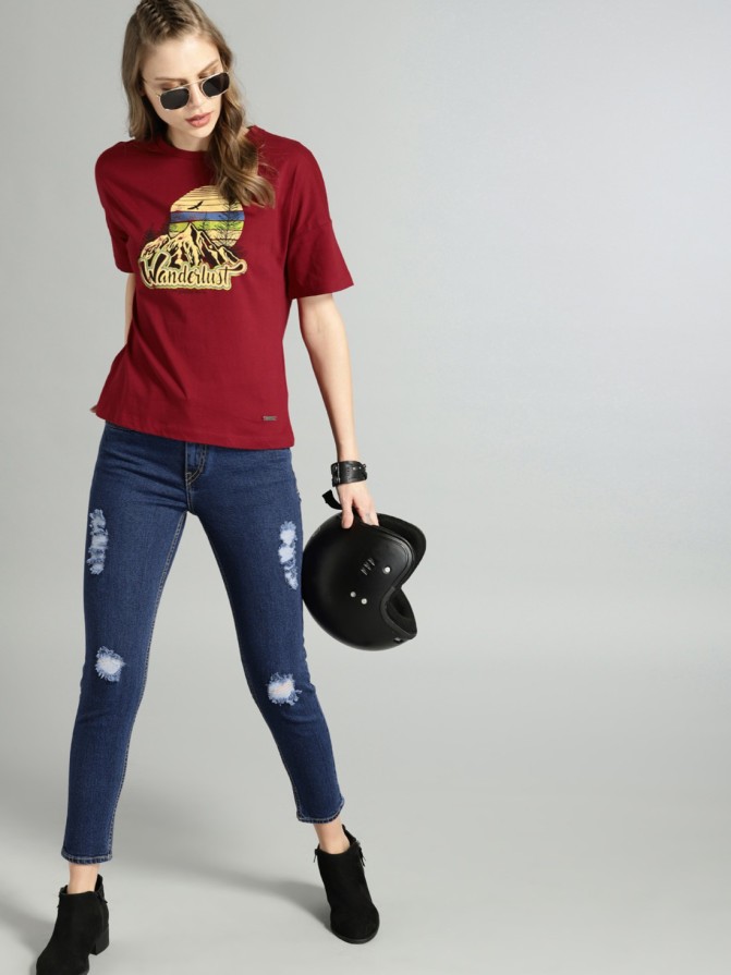 Printed Women Round Neck Maroon T-Shirt