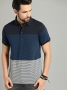 Men Striped Polo Neck Cotton Blend Blue T-Shirt