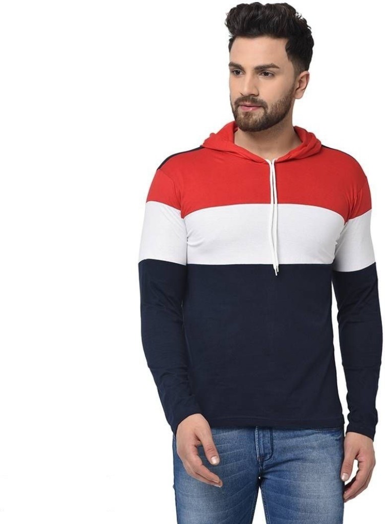 Color Block Men Hooded Neck Dark Blue T-Shirt