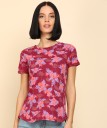 Floral Print Women Round Neck Brown T-Shirt