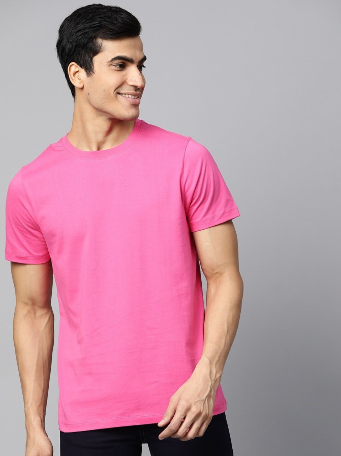Solid Men Round Neck Pink T-Shirt