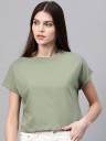 Solid Women Round Neck Green T-Shirt