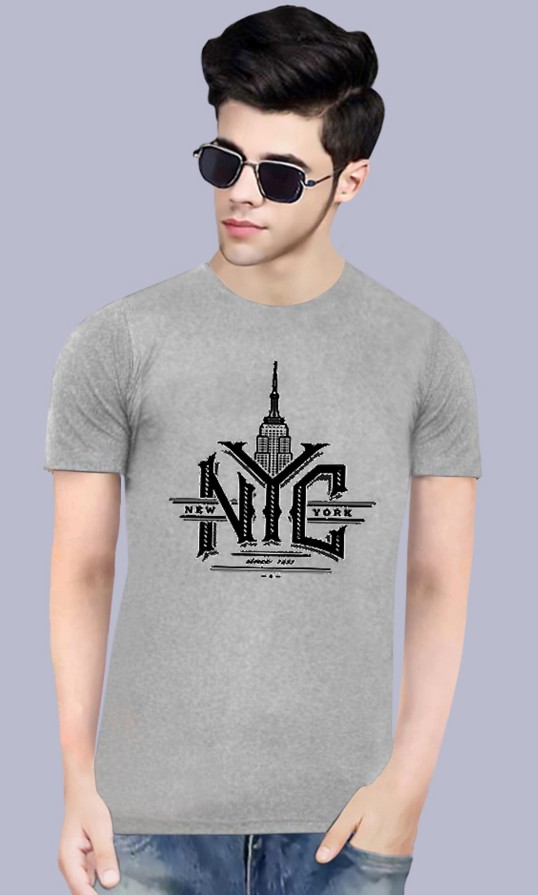 Printed Men Round Neck Grey T-Shirt