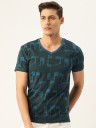 Printed Men V Neck Dark Blue T-Shirt