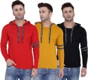 Solid Men Hooded Neck Black, Red T-Shirt  (Pack of 3)
