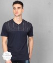 Printed Men V Neck Dark Blue T-Shirt