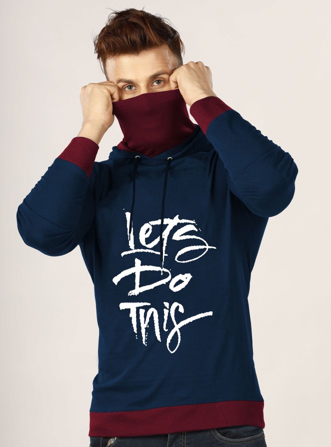 Printed Men Hooded Neck Dark Blue, Maroon T-Shirt