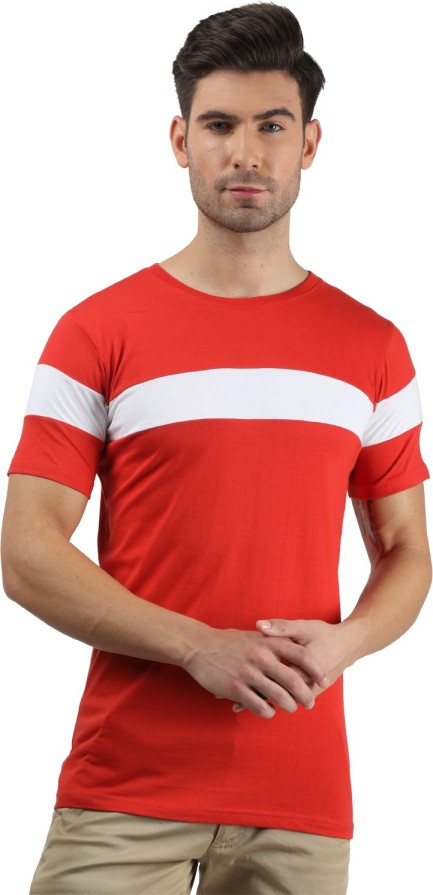 Color Block Men Round Neck Orange T-Shirt