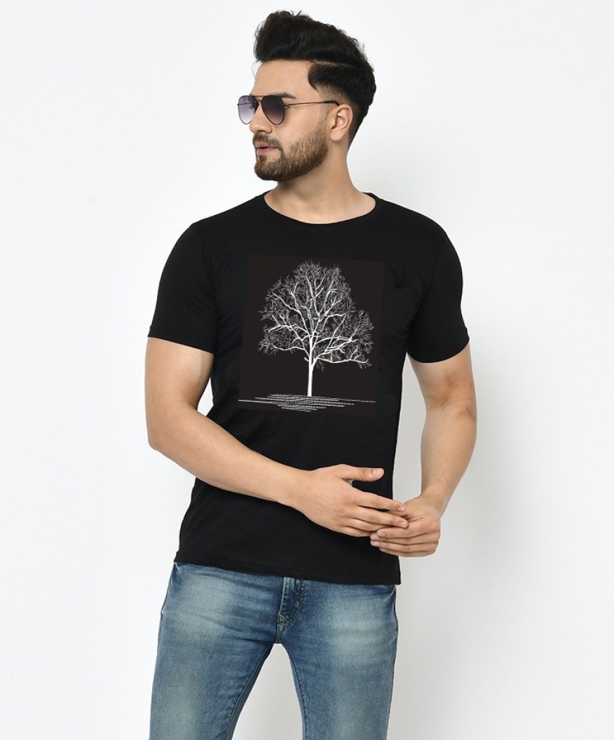 Printed Men Round Neck Black T-Shirt
