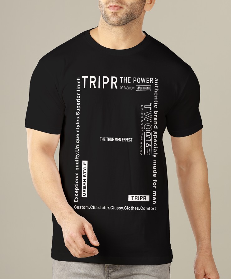 Printed Men Round Neck Black T-Shirt