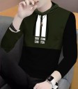 Color Block Men Hooded Neck Green, Black T-Shirt