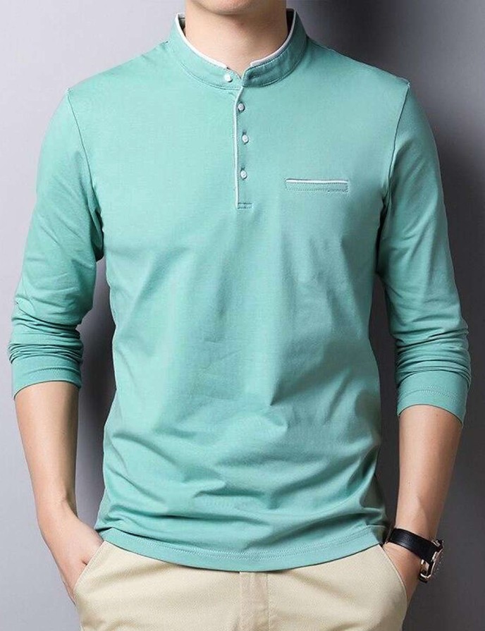 Solid Men Mandarin Collar Green, White T-Shirt