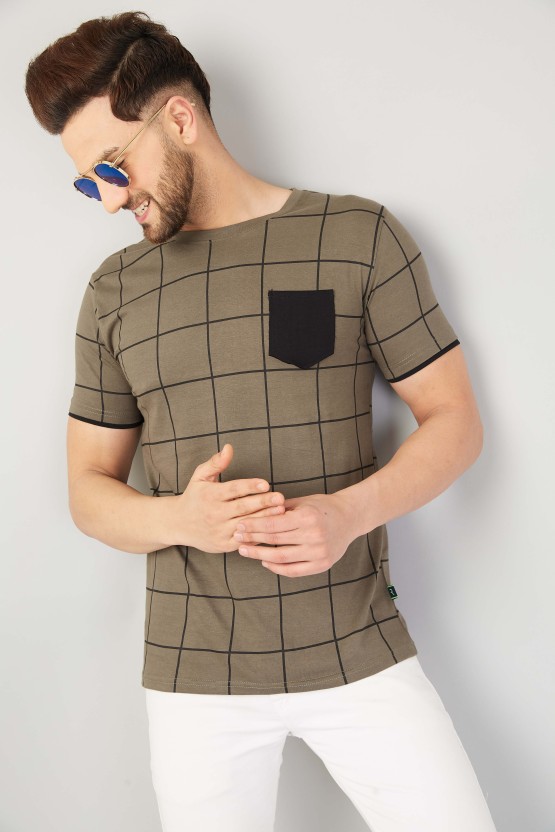 Men Checkered Round Neck Pure Cotton Brown T-Shirt