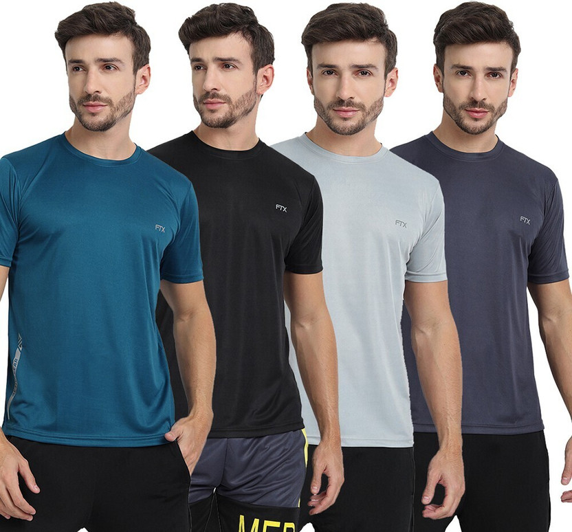 Pack of 4 Men Solid Round Neck Polyester Silver, Blue, Black, Grey T-Shirt