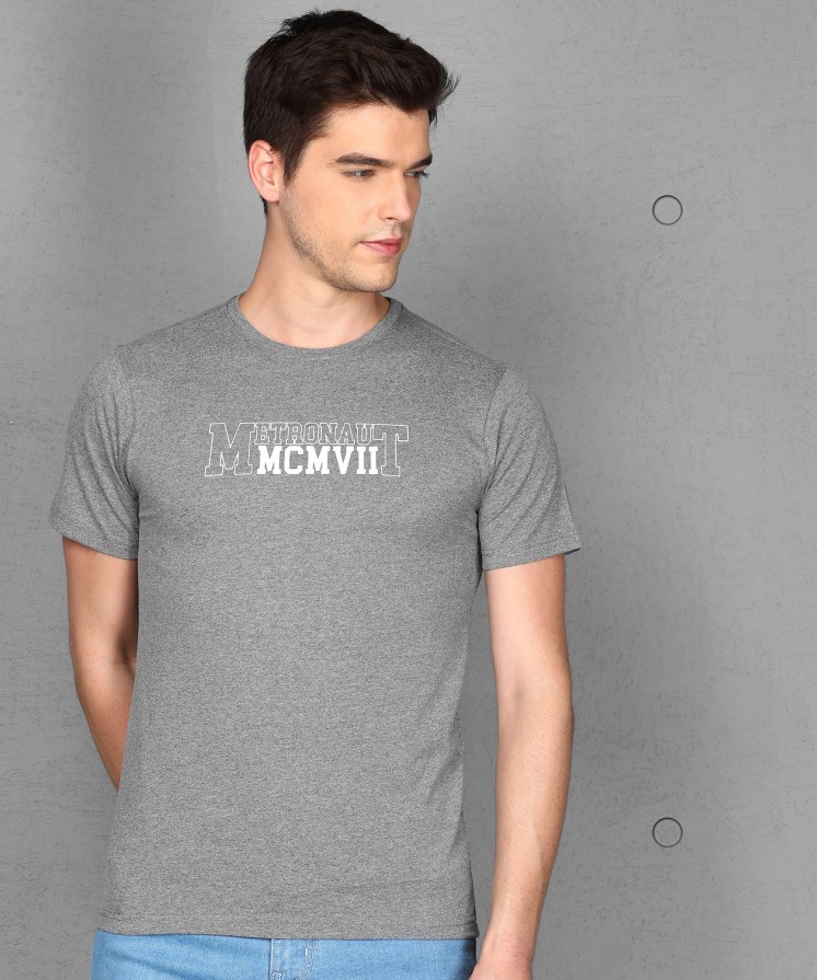 Printed Men Round Neck Grey T-Shirt