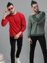 Checkered Men Round Neck Red, Green T-Shirt  (Pack of 2)