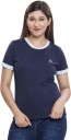 Solid Women Round Neck Navy Blue T-Shirt