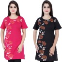 Pack of 2 Women Printed Round Neck Cotton Blend Multicolor T-Shirt