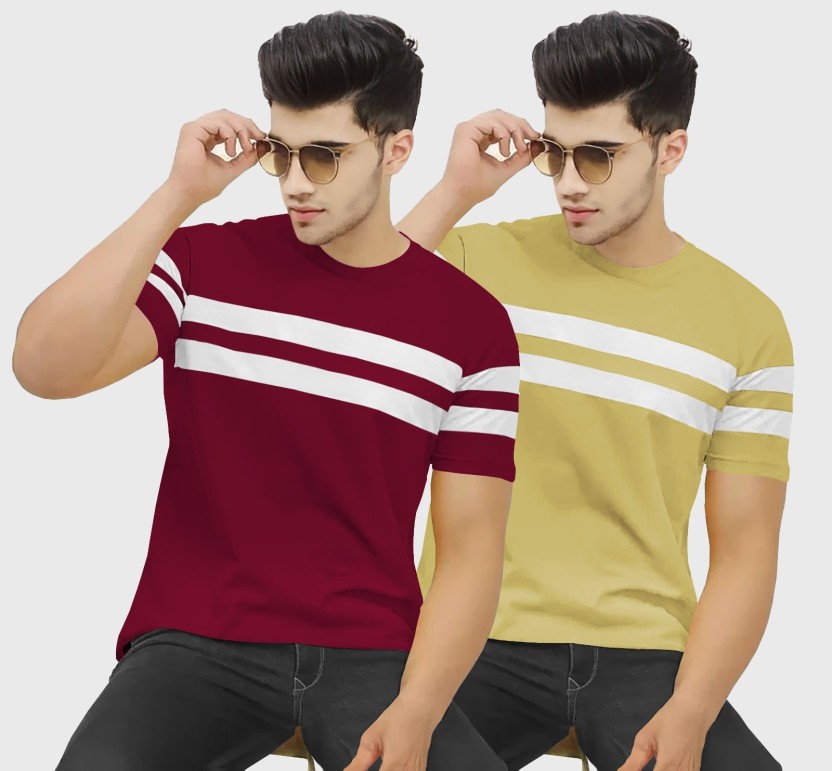 Pack of 2 Men Striped Round Neck Cotton Blend Multicolor T-Shirt