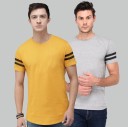 Pack of 2 Men Striped Round Neck Cotton Blend Grey, Yellow T-Shirt
