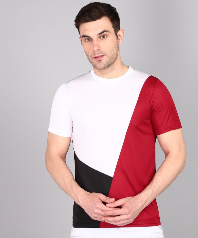Men Colorblock Round Neck Polyester White T-Shirt