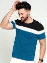 Men Colorblock Round Neck Cotton Blend Dark Blue, White, Black T-Shirt