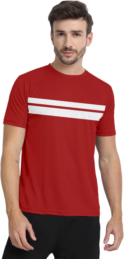 Men Striped Round Neck Polyester Red T-Shirt