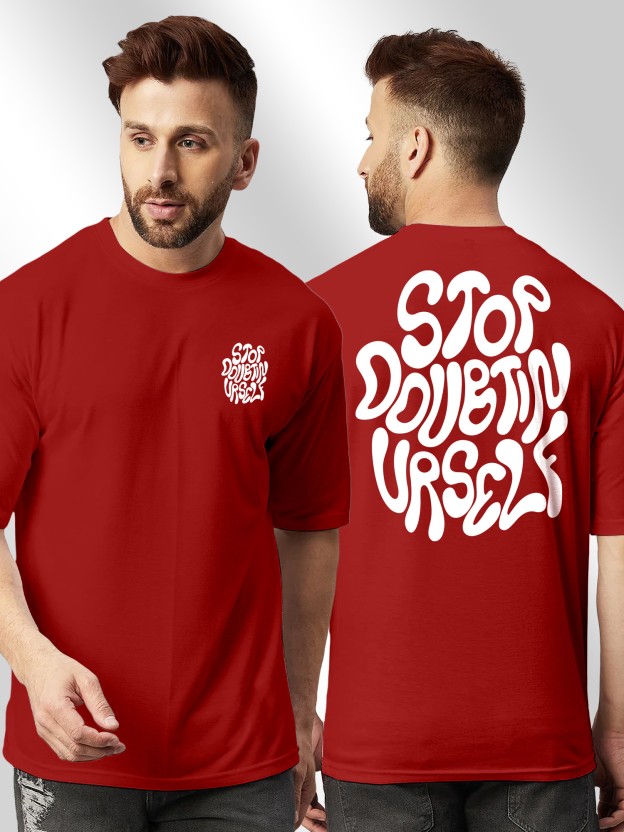 Men Typography Round Neck Cotton Blend Red T-Shirt