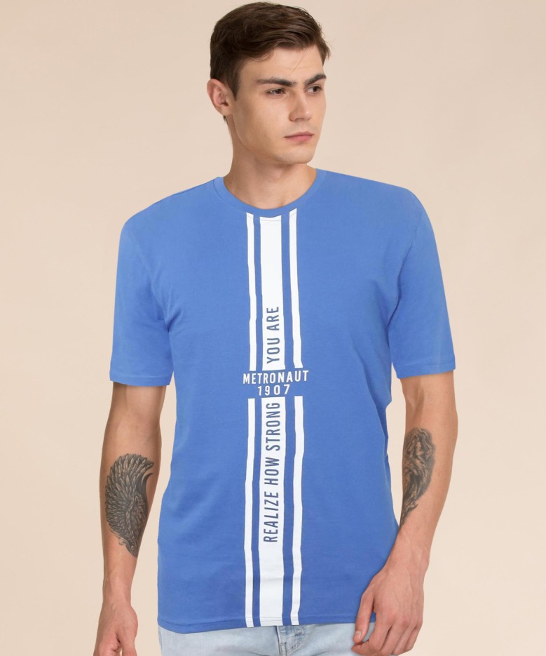 Printed Men Round Neck Light Blue T-Shirt