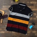 Striped Men Polo Neck Cotton Blend Dark Blue T-Shirt