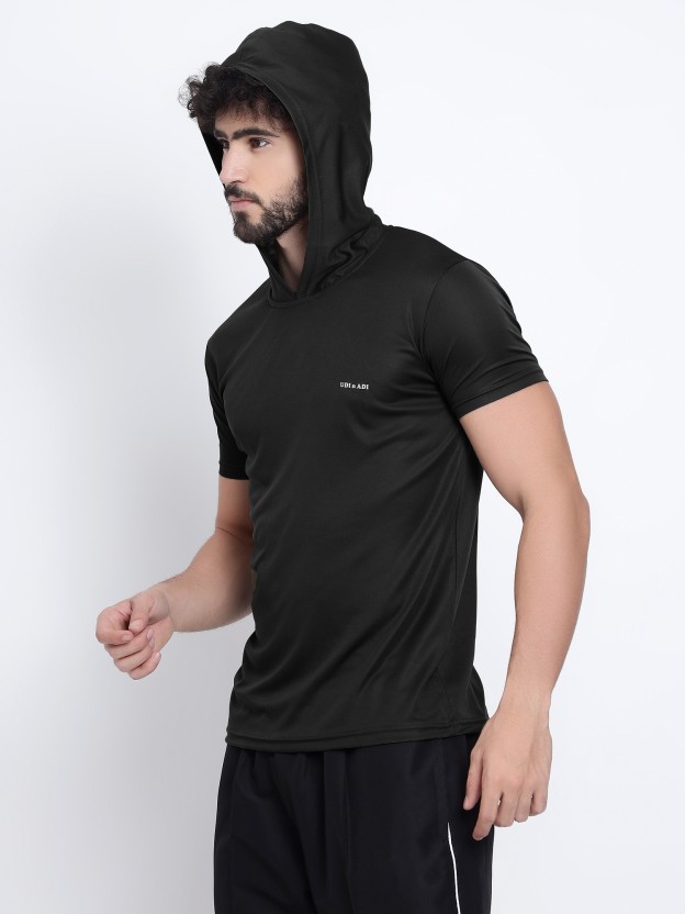 Men Solid Hooded Neck Polyester Black T-Shirt
