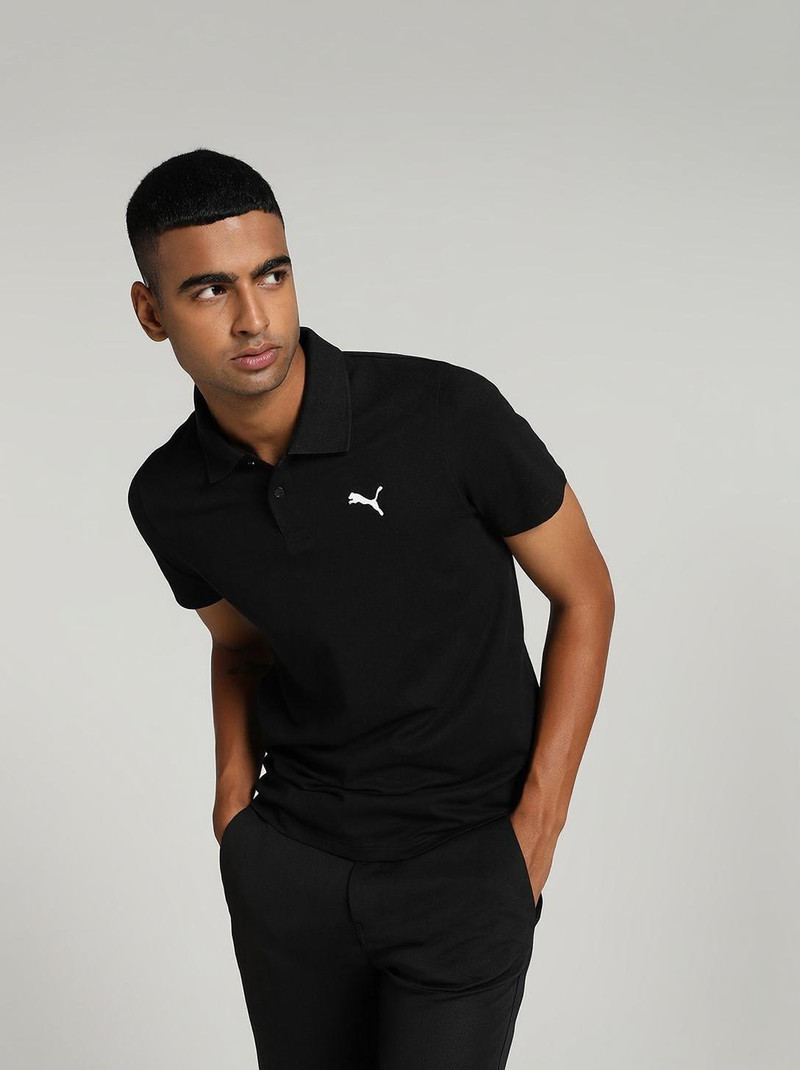 PUMA ESS Logo M Men Solid Polo Neck Pure Cotton Black T-Shirt