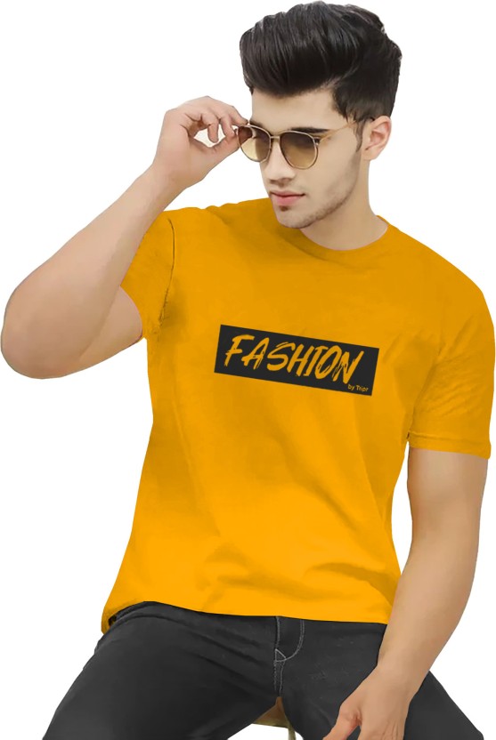 Men Printed Round Neck Cotton Blend Yellow, Black T-Shirt
