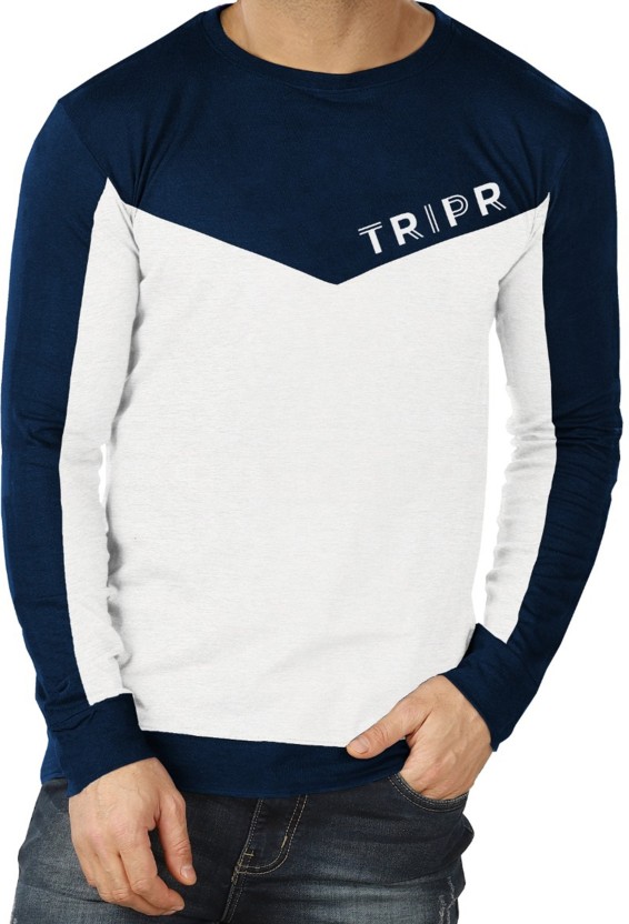 Men Solid Round Neck Cotton Blend White, Navy Blue T-Shirt