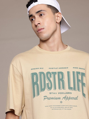Men Printed Round Neck Pure Cotton Beige T-Shirt