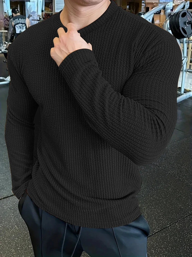 KAJARU - Men Self Design Round Neck Polyester Black T-Shirt