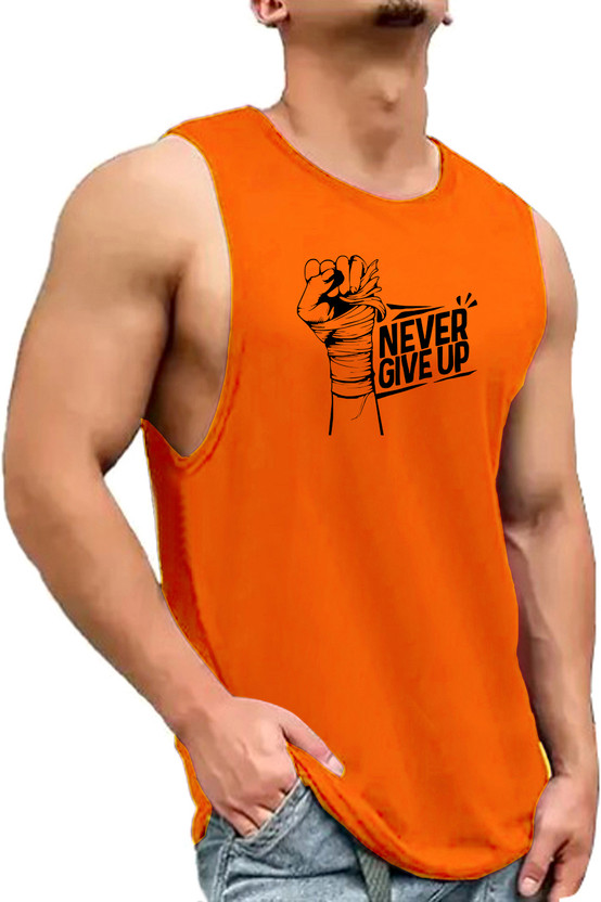 FABVIO PLUS - Men Printed Round Neck Polyester Orange T-Shirt