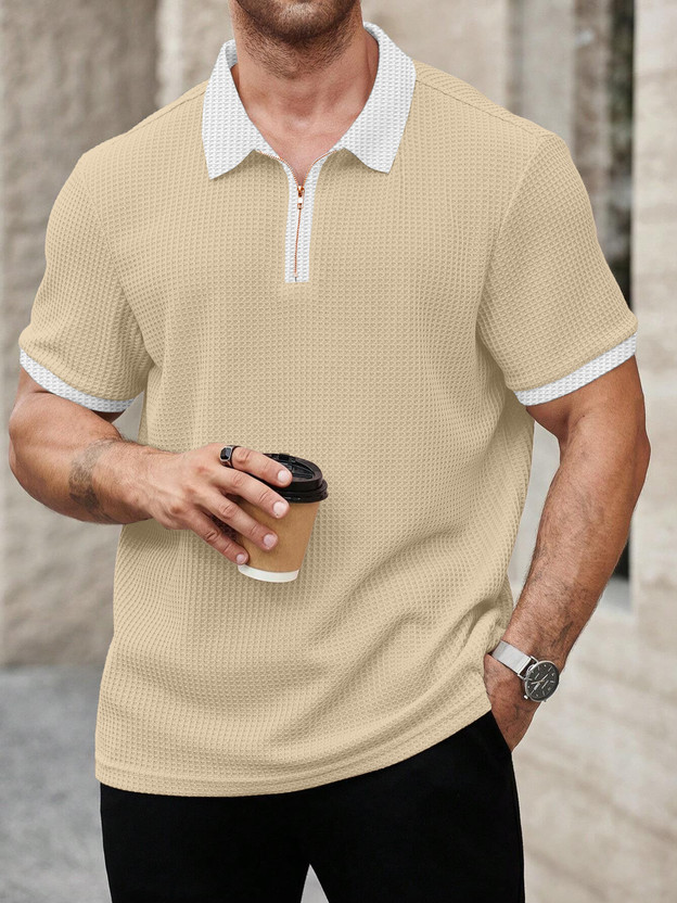 KAJARU - Men Self Design Polo Neck Polyester Beige, White T-Shirt