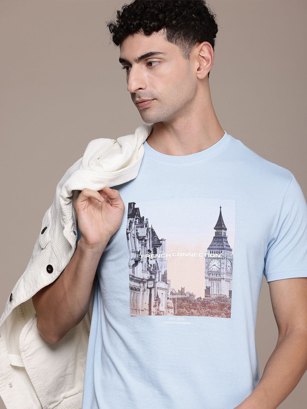 Men Printed Round Neck Pure Cotton Blue T-Shirt