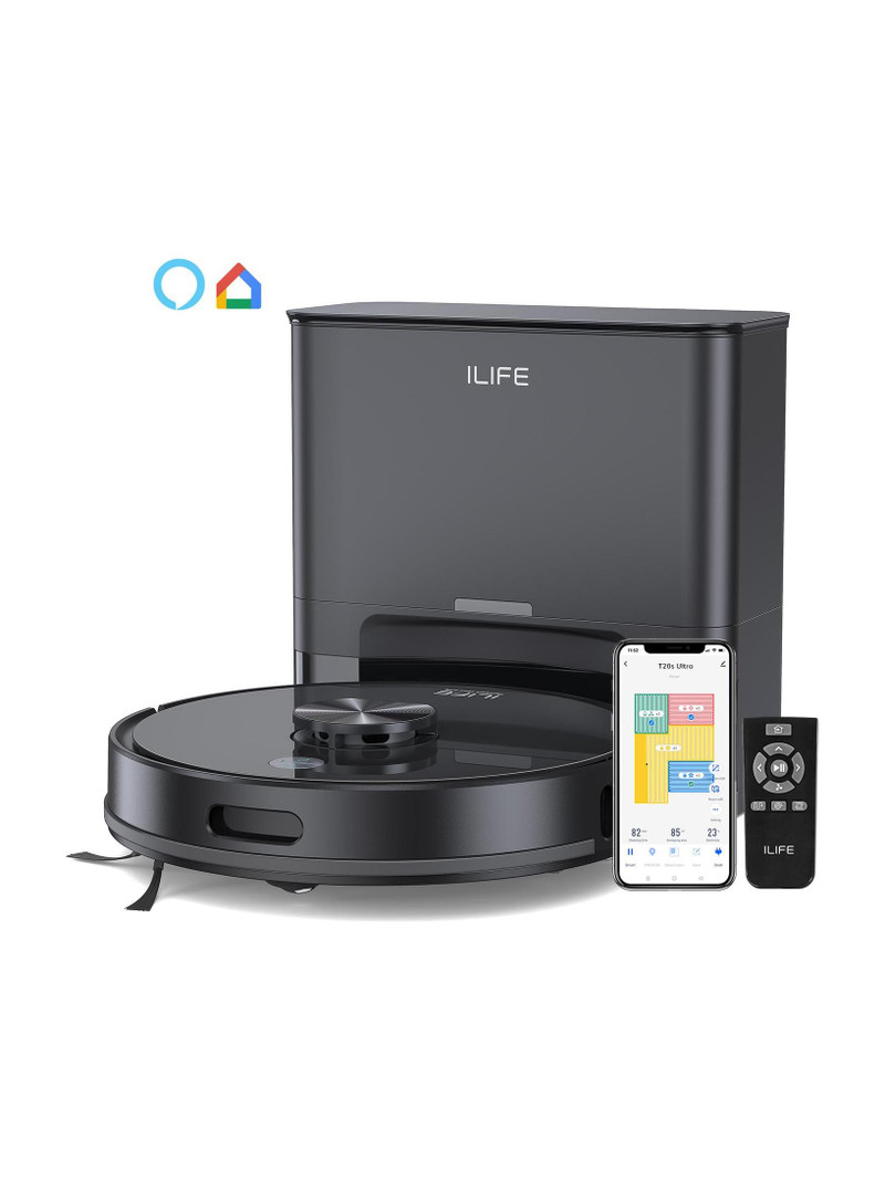 ILIFE T20s Ultra Self-emptying Robot Vacuum with LiDAR Navigation and Strong Suction Robotic Floor Cleaner 10Kpa with Reusable Dust Bag, Anti-Bacterial Cleaning, 2 in 1 Mopping and Vacuum (WiFi Connectivity, Google Assistant and Alexa) (Black)