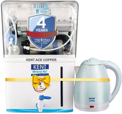 KENT ACE Copper 8 L RO + UV + UF + TDS Control + UV in Tank + Copper Water Purifier With Free Kettle Water Purifier Suitable for all - Borewell, Tanker, Municipality Waterý  (White & Aqua)