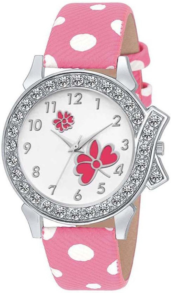 New Arrive Pink Leather Party Wedding Round Diamond Flower Designer Women Analog Watches Analog Watch  - For Girls