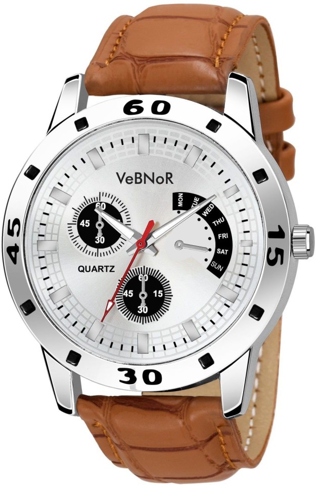 Chronograph White Dial Brown Leather Strap White Analog Watch  - For Boys