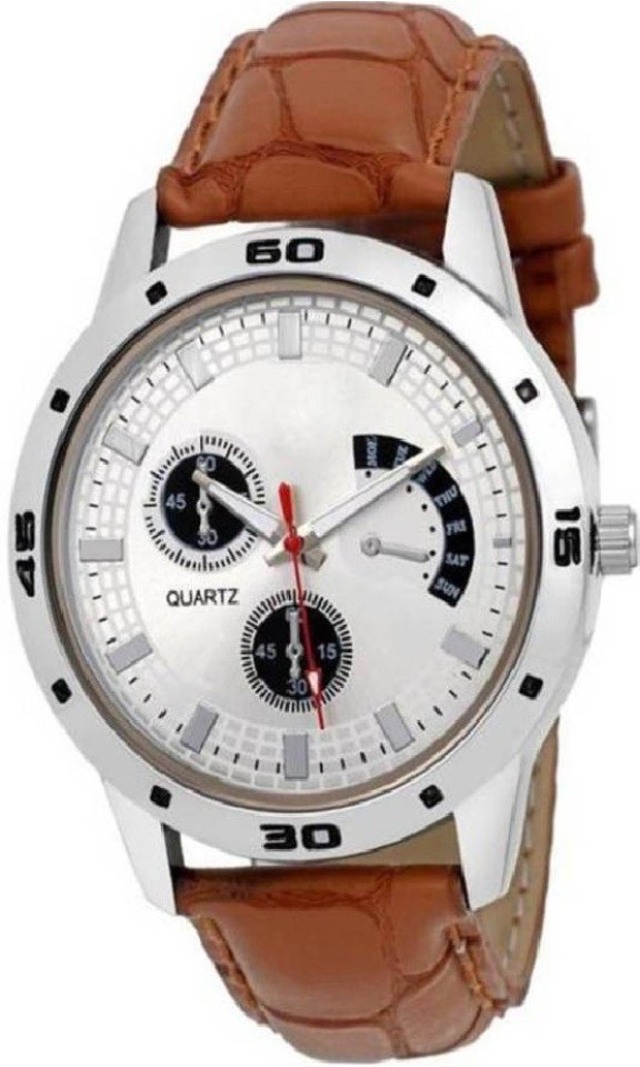 Brown Leather Strap Unique Pattern Watch For Boys Analog Watch  - For Men