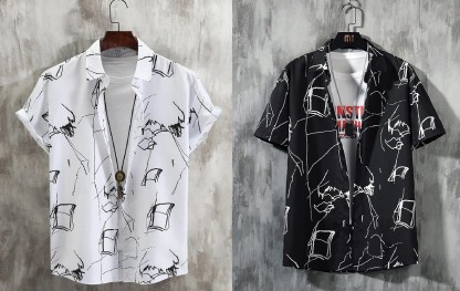 Men Printed Casual White, Black Shirt  (Pack of 2)