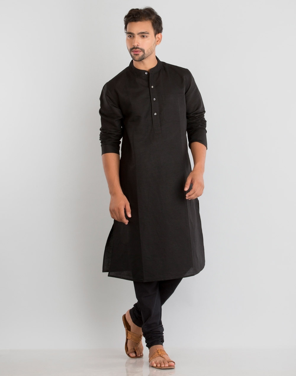 Black Linen Blend Long Kurta